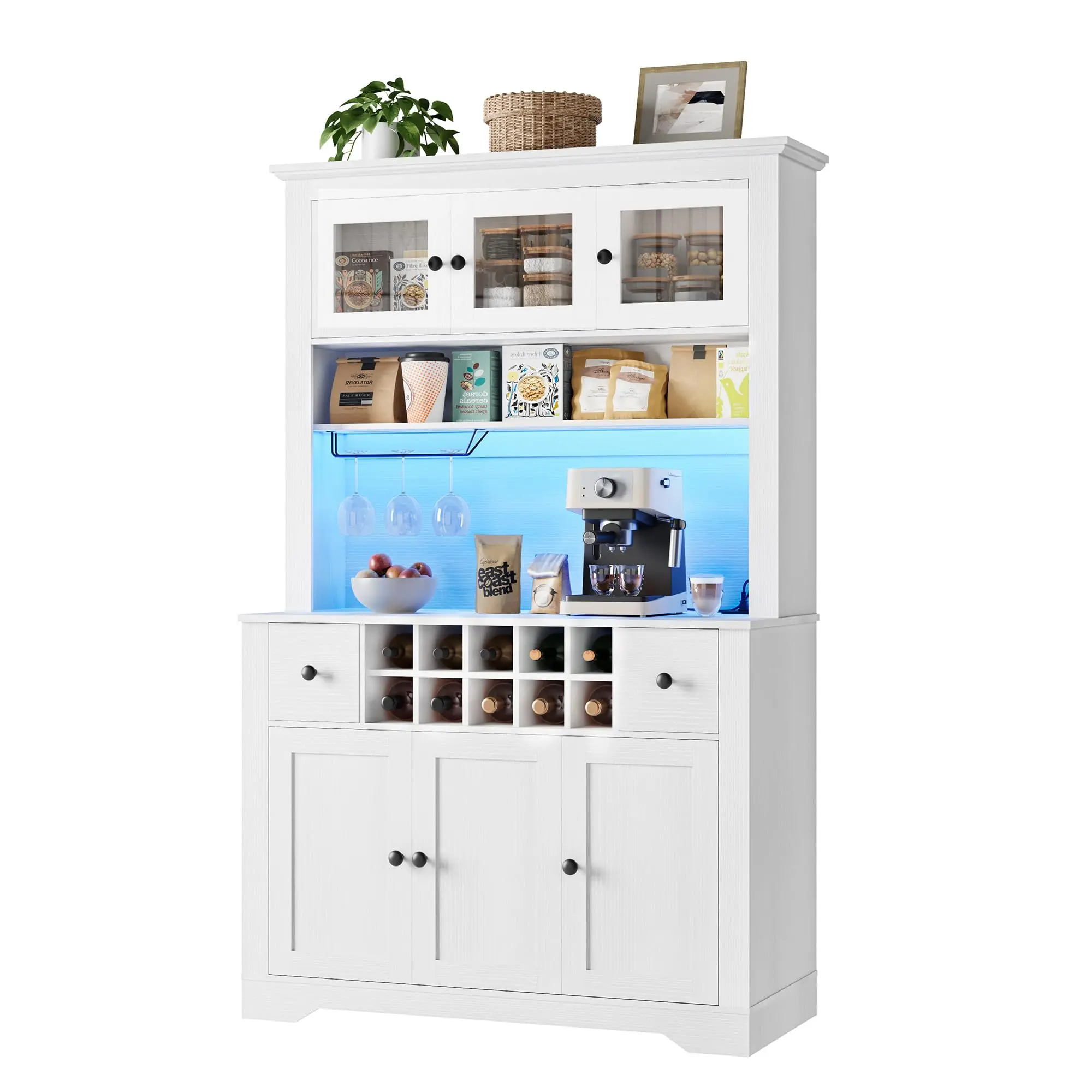 LED Pantry Cabinet with Charging Station – 68.7" Tall Kitchen Hutch, Countertop, Drawers, Adjustable Shelves, Spacious Storage for Dining or Living Room