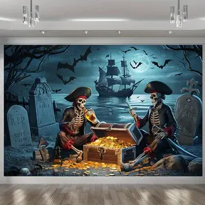 Skeleton Pirate Treasure Photo Backdrop, Vintage Adventure Themed Party Banner, Halloween Room Wall Decor, Photo Booth Background Prop