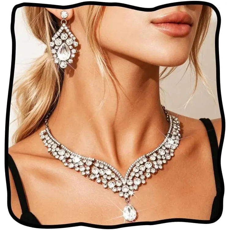 Rhinestone  Set Bridal Necklace Earrings Indian Wedding  for Women