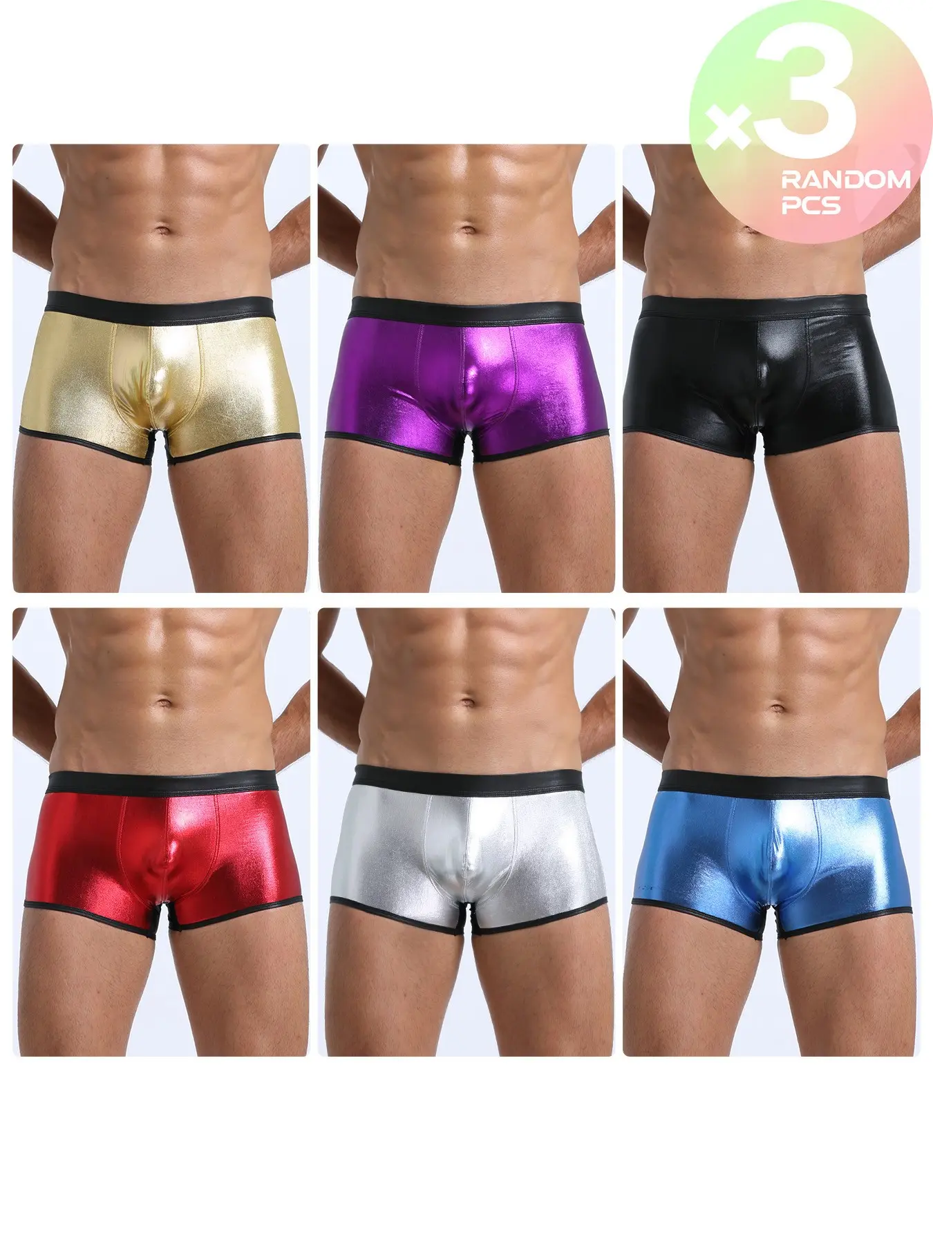 2 3 4 Pack Random Color Men Shiny Faux Leather Boxer Briefs, Wide Waistband With Black Trim, Highly Elastic Snug Fit, Bright Assorted Colors, Underwear for Sports Party Shooting and Daily Casual Wear