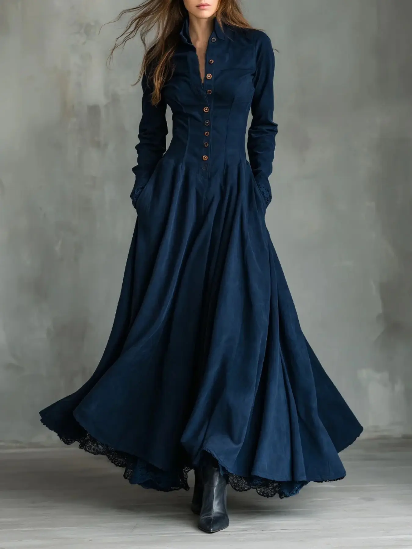 Elegant French Vintage Lace Trim Dress, Single Button Half Open Front Long Sleeve, Pocket Detail, Women's Fashionable Chic Midi Dress
