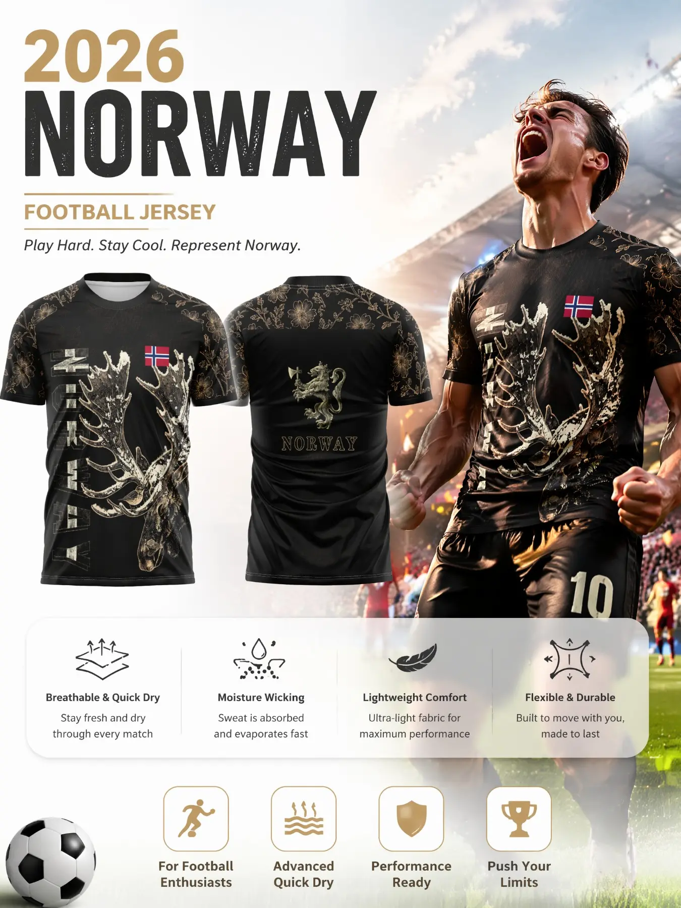 Norwegian Viking Style Soccer Jersey, Quick-Dry Breathable Mesh, Slim Fit, All-Over Print, Short Sleeve T-Shirt, Nordic Culture Fashion, Football Jersey
