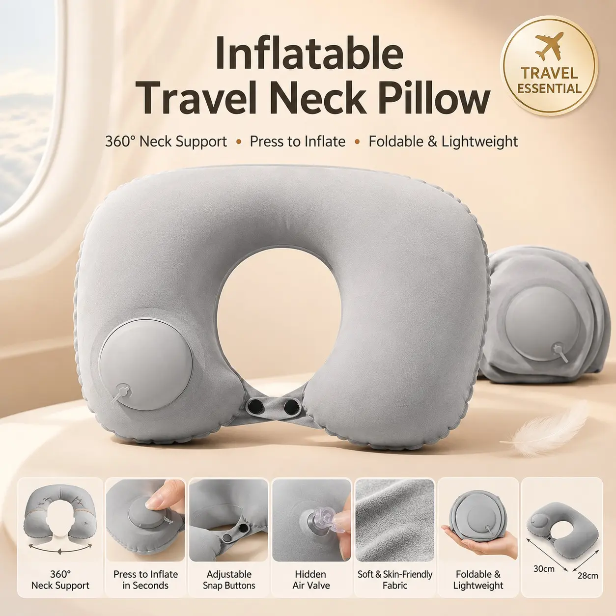 Inflatable Travel Neck Pillow U Shape Pillow 360° Ergonomic Neck Support Pillow for Airplane Flight Travel Portable Lightweight Foldable Pillow with Built in Press Pump Adjustable Cervical Support Cushion for Plane Car Train Office Nap Travel Essentials