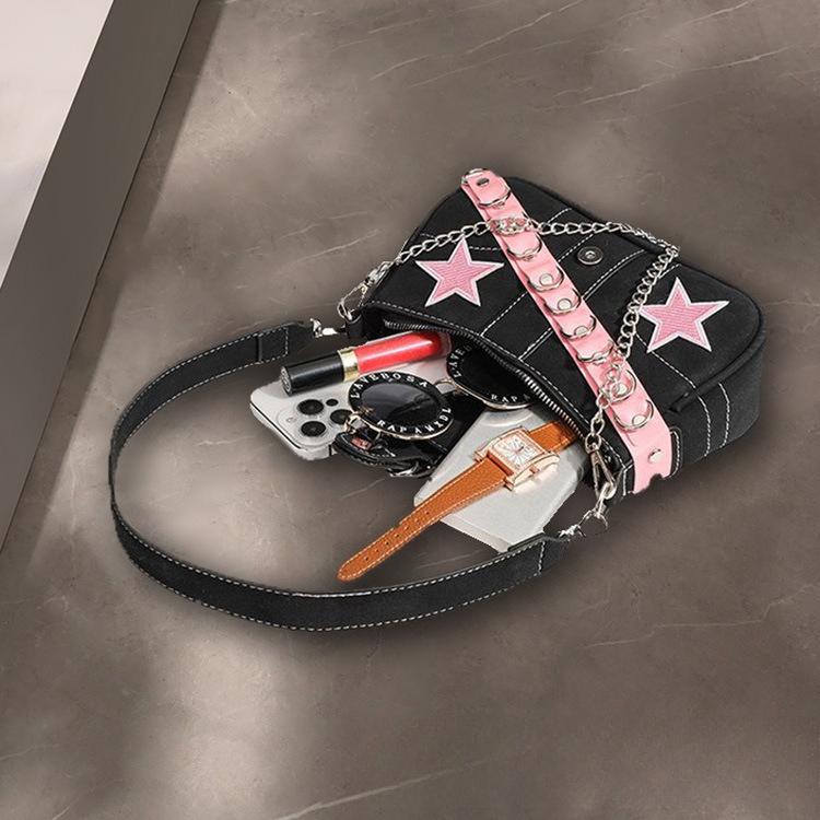 Pink Star Baguette Shoulder Bag for Women, Trendy Y2K PU Leather Handbag, Cute Color Block Mini Shoulder Bag for Party, Street Style, Shopping and Daily Wear