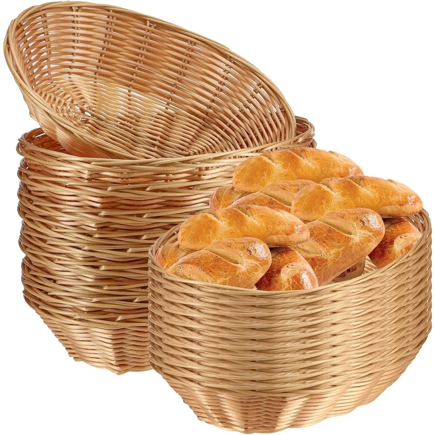 30-Pack Light Brown Handwoven Oval Plastic Wicker Bread Baskets - Lightweight Kitchen Organiser, Home Food Serving Containers for Fruit, Vegetables, Restaurant Use, Ideal for Decoration & Gift