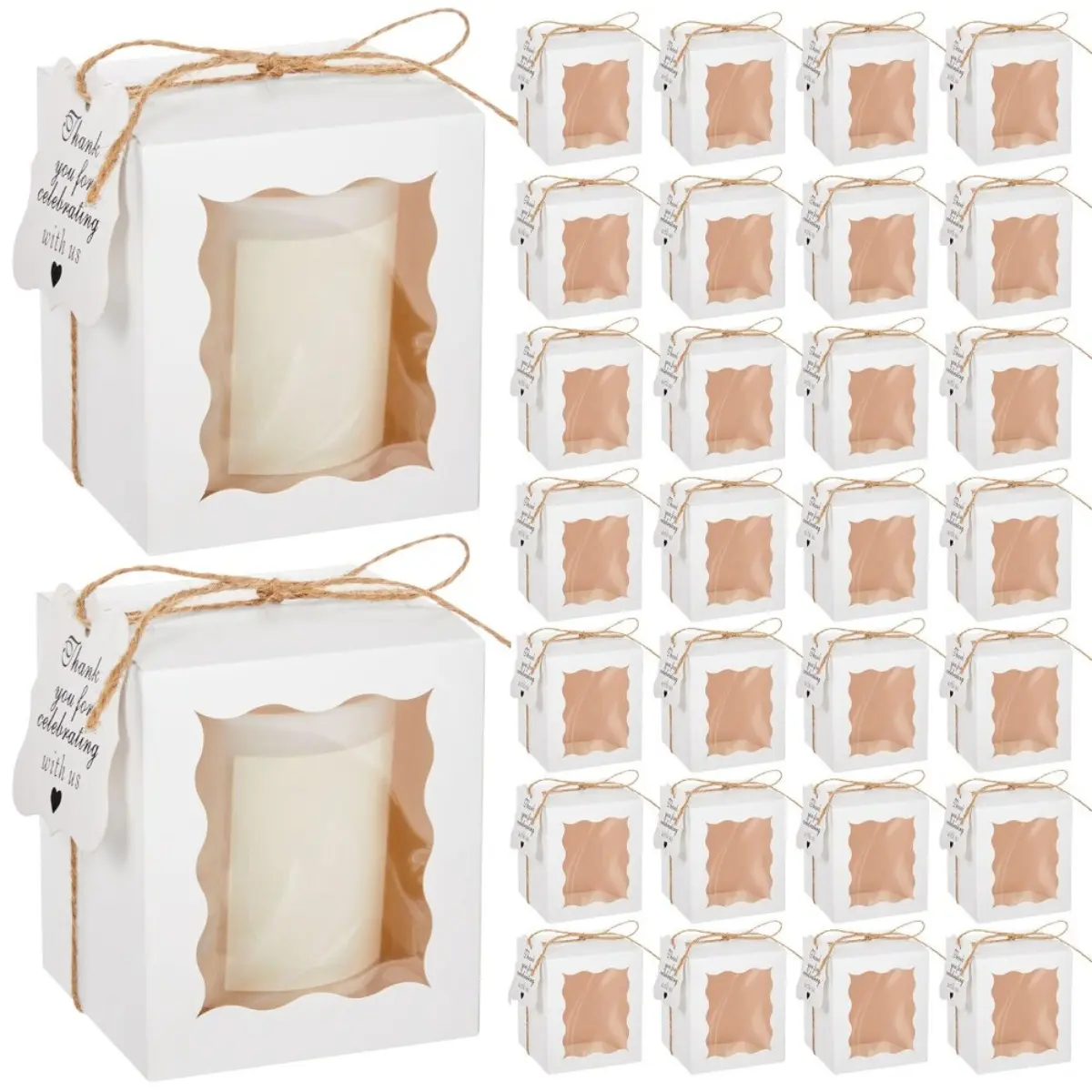 20 candy boxes with windows, 3.35X3.35X3.94 inch candle gift boxes, with labels and twine, transparent windows, gift packaging boxes, Home, suitable for weddings, birthdays, party gifts, mug gifts, jewelry making displays and packaging supplies