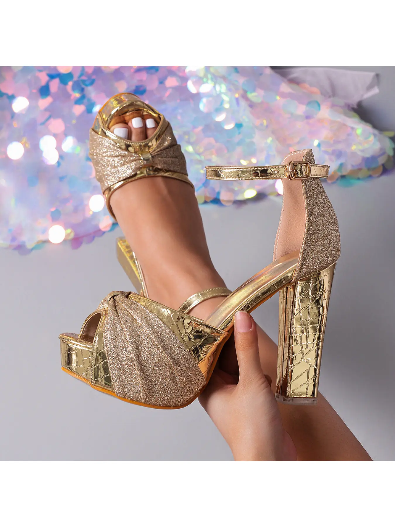 Luxury Gold Glitter Leaf Bow Platform Chunky Heel Sandals with Rhinestone Ankle Strap Embellished Sandals for Formal Evening Prom Elegant Party Heels