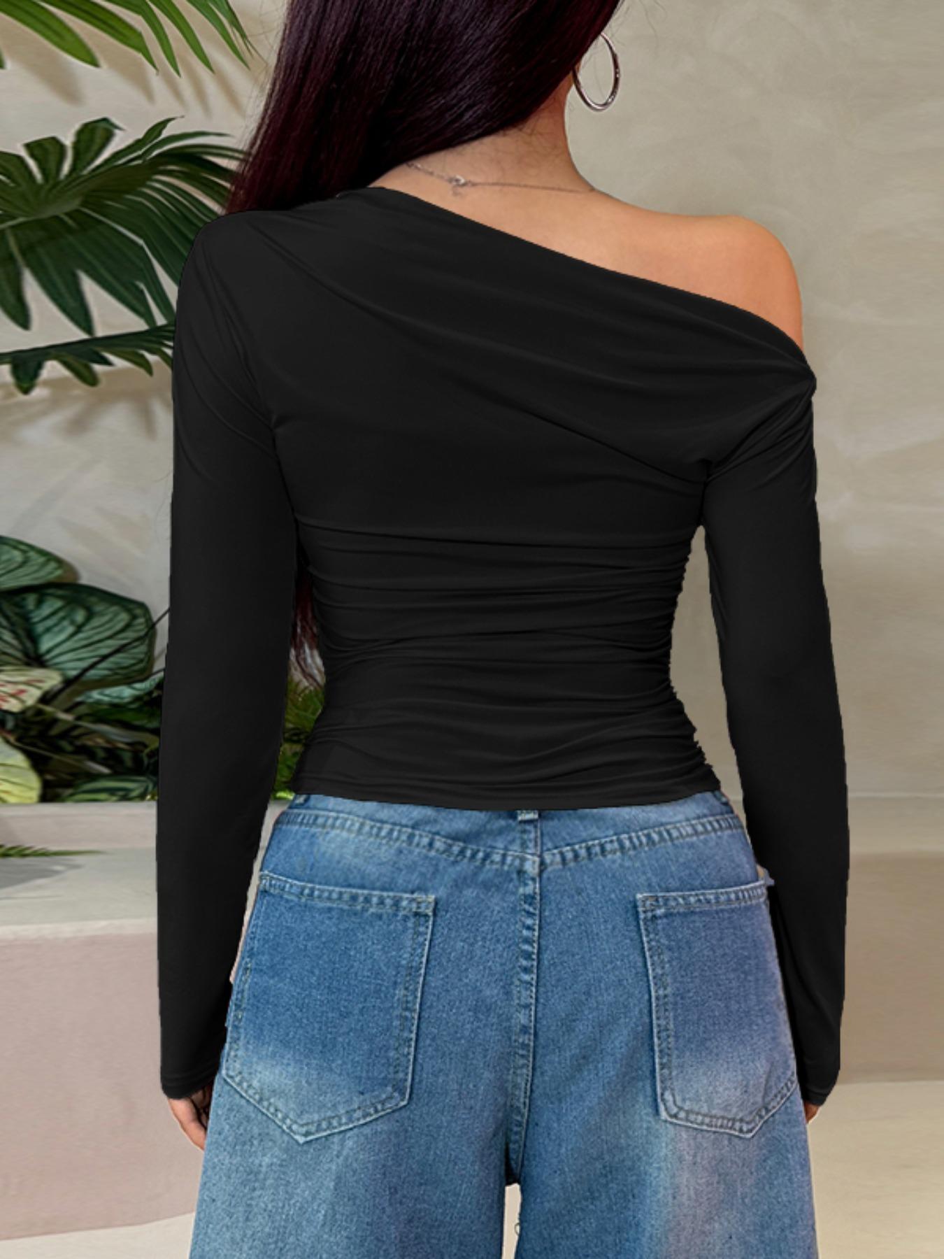 Women's Asymmetrical Neck Long Sleeve Top, Slim Fit Casual Blouse, Elegant Fashion Shirt for Daily Wear, Ladies' Stylish Clothing