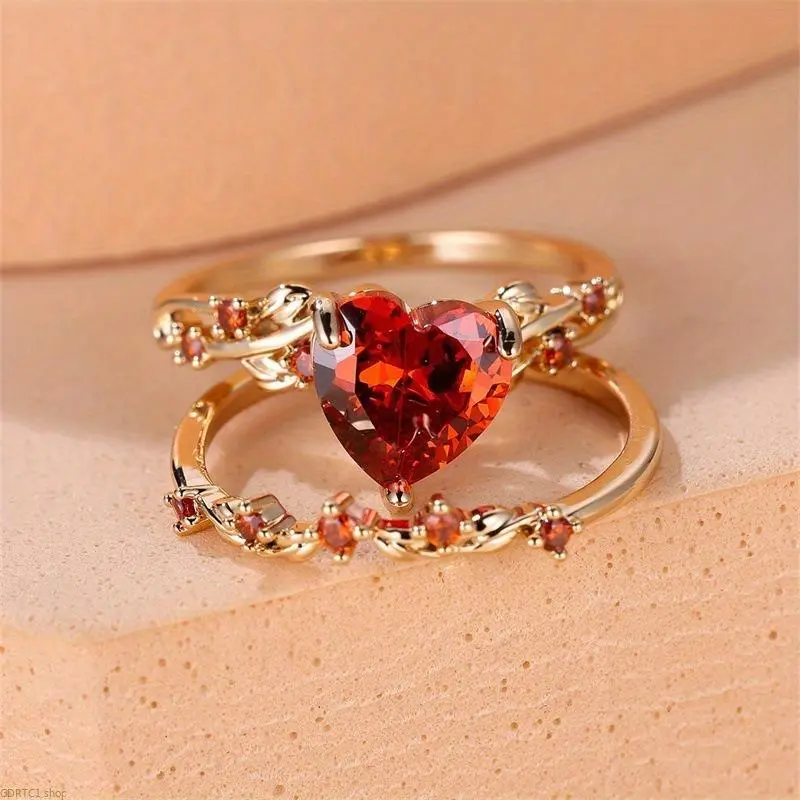 Stackable Gold Red Heart Ring Set for Women | Vintage Leaf Vine Ruby Crystal Stacking Rings | Elegant Romantic Jewelry for Daily Wear Date Night Birthday Valentine Gift, Crystal Stones, Leaf Vines, Ruby Center