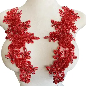 Handmade Lace Applique Trim with Rhinestones Beads Sequins, Sew on Patches for Wedding Dress Accessories, 1 Pair/Bag, 6X14 Inches, Red