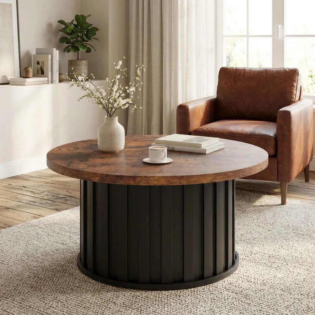 31.9 Inch Mid Century Modern Fluted Round Coffee Table, Sturdy Metal Base Center Table, Space Saving Accent Furniture for Apartment Small Living Room