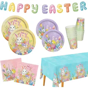 Gatherfun Happy Easter Supplies Kit for 25 Guests - Easter Bunny Decorations, Includes Dinner & Dessert Plates, Napkins, Cups, Banner and Tablecloth in Pink, Purple