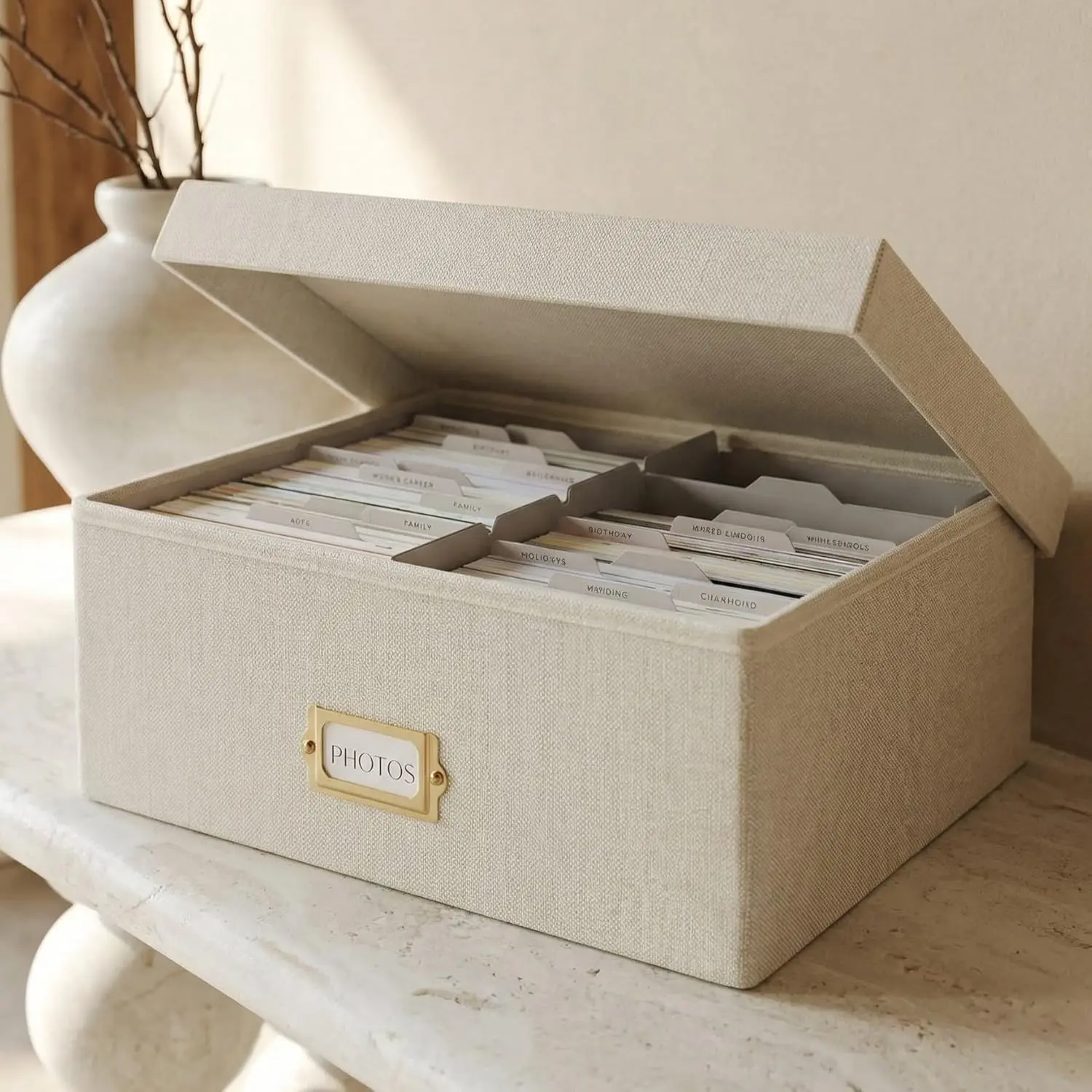 Decorative Photo Storage Box - Sturdy Linen Photo Organizer with Dividers is Perfect to Store up to 1700 Pictures and 4x6 Photos - Portable Scrapbook Storage Containers with Lid