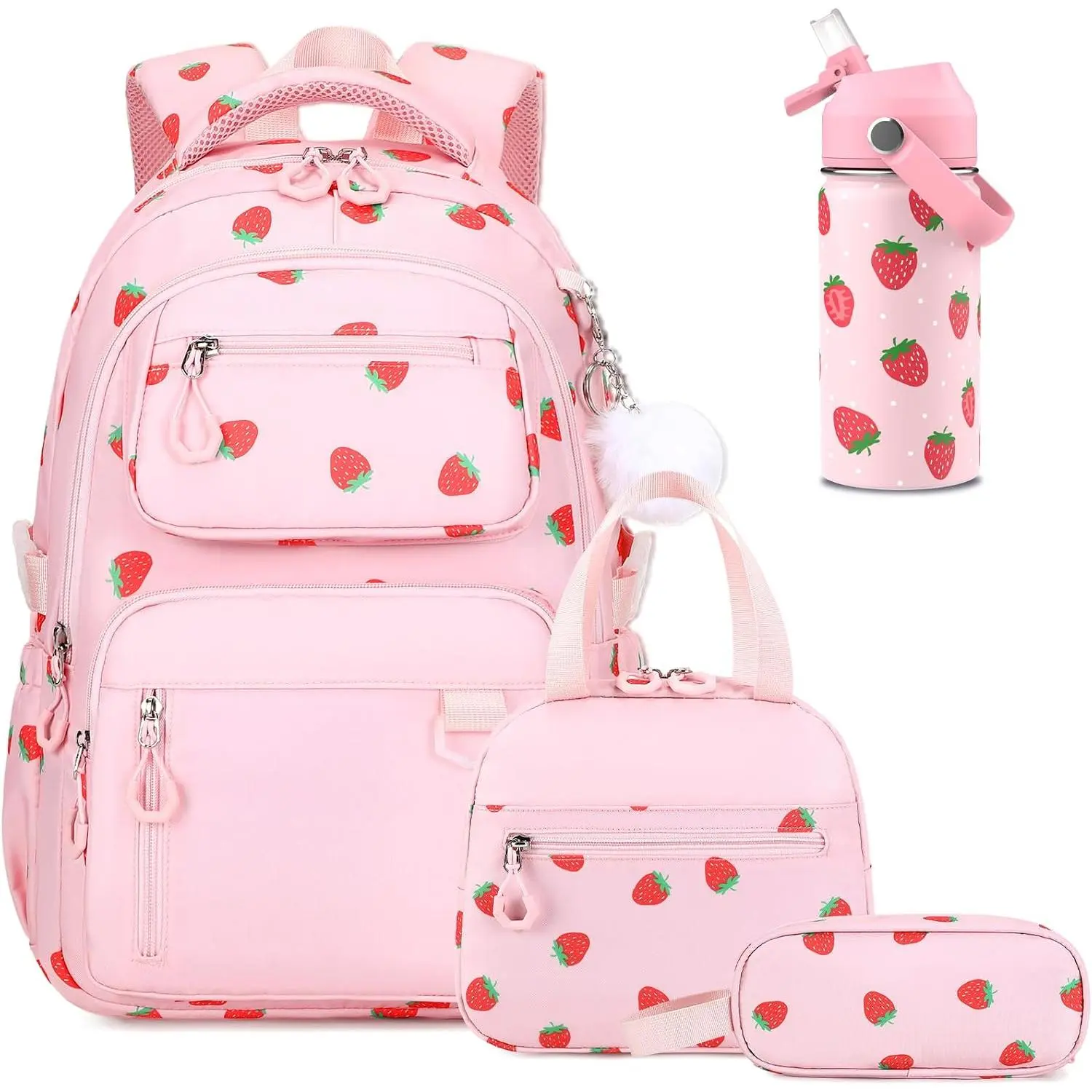 Strawberry Print School Backpack Set for Girls - Includes 14oz Stainless Steel Insulated Water Bottle, Lunch Bag & Pencil Case, Backpacks for School for Elementary-Middle Students (Pink)