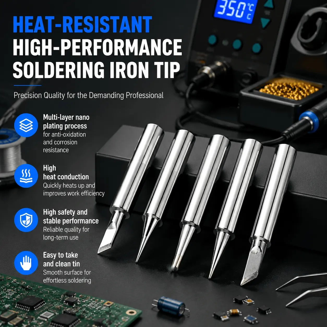 Premium Soldering Iron Tip Set: Multi-Size Corrosion-Resistant Tips for Circuit Board Repair, Appliance Disassembly & DIY Electronics, High-Precision Industrial-Grade Welding Tools & Durable Anti-Oxidation Accessories.