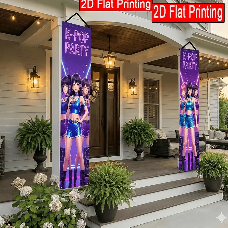 2D Flat K-POPbirthday party three-piece background combination Neon anime girl group 1pc banner + paired 2pc vertical door curtains K-pop idol idol birthday fan meeting Korean aesthetics KPOP girl group birthday support background wall, birthd