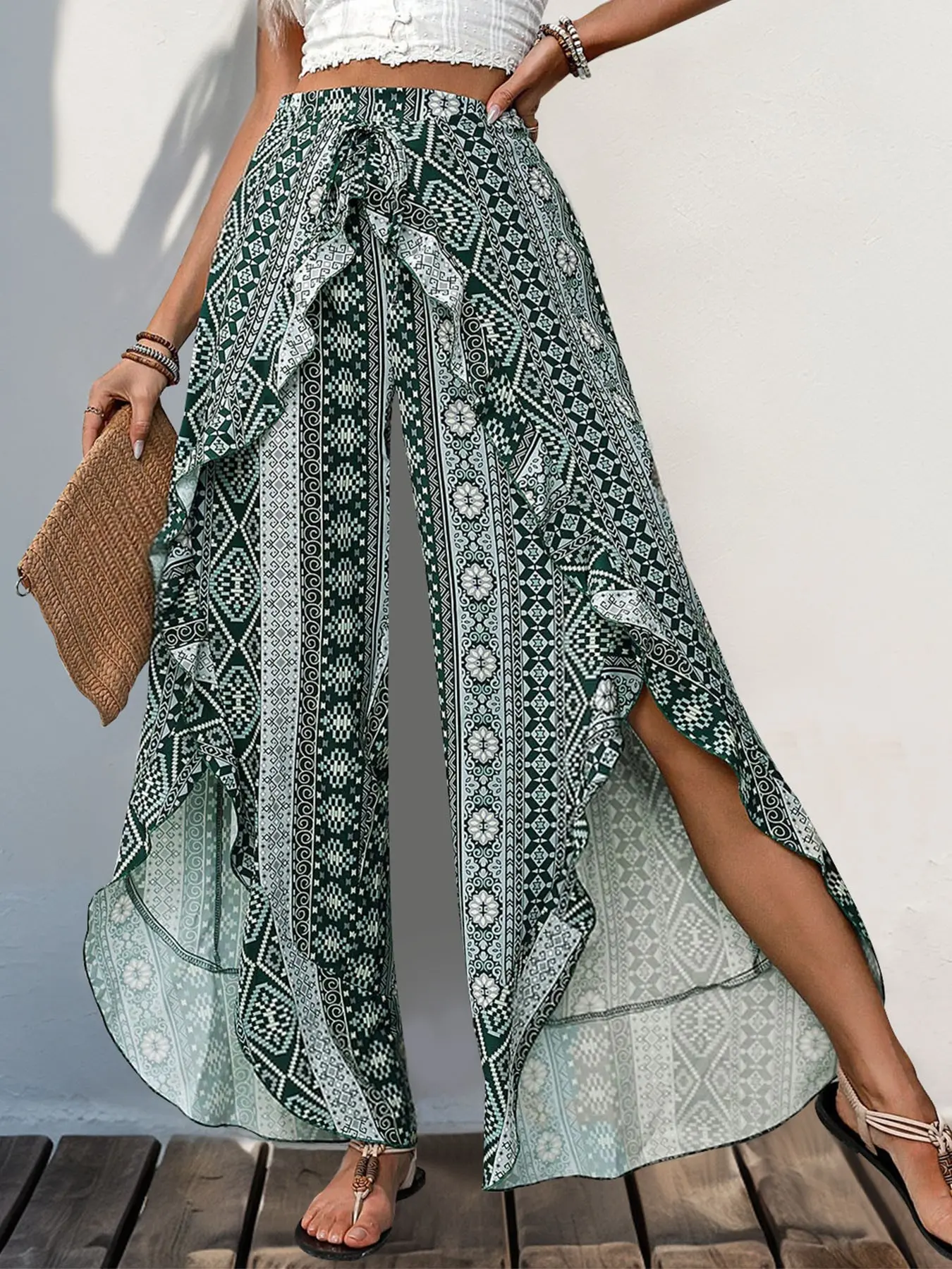 Women's Bohemian Wide Leg Pants, Ethnic Print Ruffle Split Loose-Fit, Summer Comfortable Casual Vacation Style, Fashion Retro Full-Length