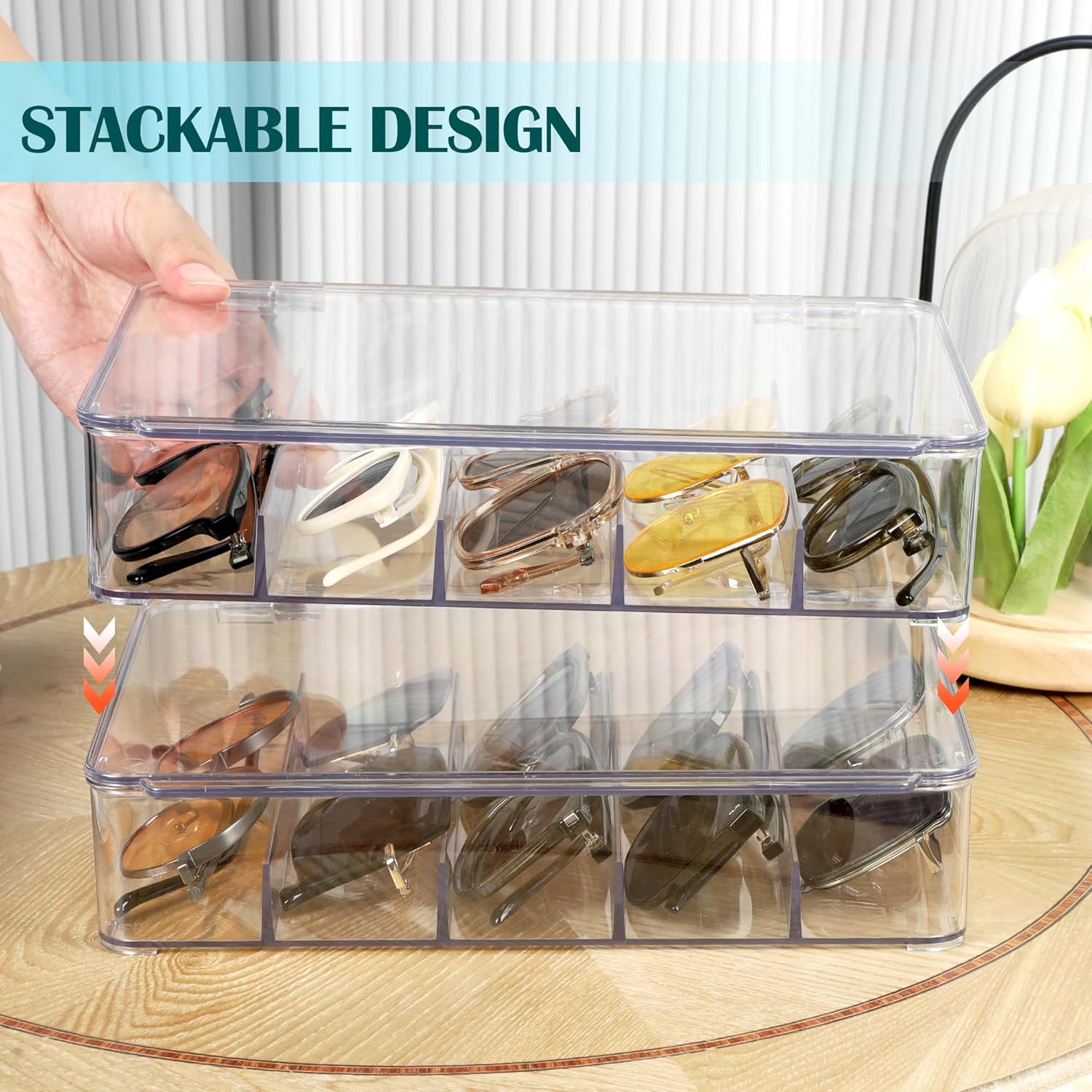 Sunglasses Organizer, Plastic Stackable Eyeglass Case Storage Organizer, Sunglass Glasses Storage Box with Hinged Lid, 5 Sections, 2 Pack, Clear Sunglasses Organizer, Plastic Stackable Eyeglass Case Storage Organizer, Sunglass Glasses Storage Box with Hinged Lid, 5 Sections, 2 Pack, Clear