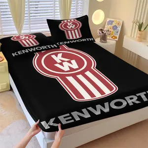 lack Base Kenworth Truck Brand Logo Fitted Sheet Set, 1 Fitted Sheet and 1-2 Coreless Pillowcases, Ultra Soft Deep Pocket Bedding, Metallic Letter KW Badge Design, Stylish Truck Lover Home Decor
