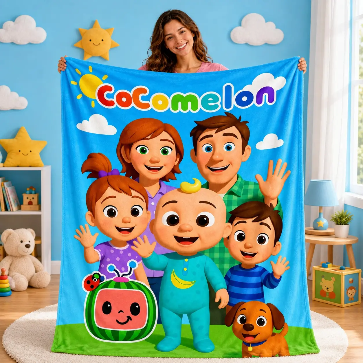 1pc CoComelon Family Cartoon Flannel Blanket, Printed with CoComelon Family Characters and Cute Puppy Patterns. Soft Warm Nap Throw for Sofa, Bed, Office, Shawl, Camping, Perfect Gift for Christmas.