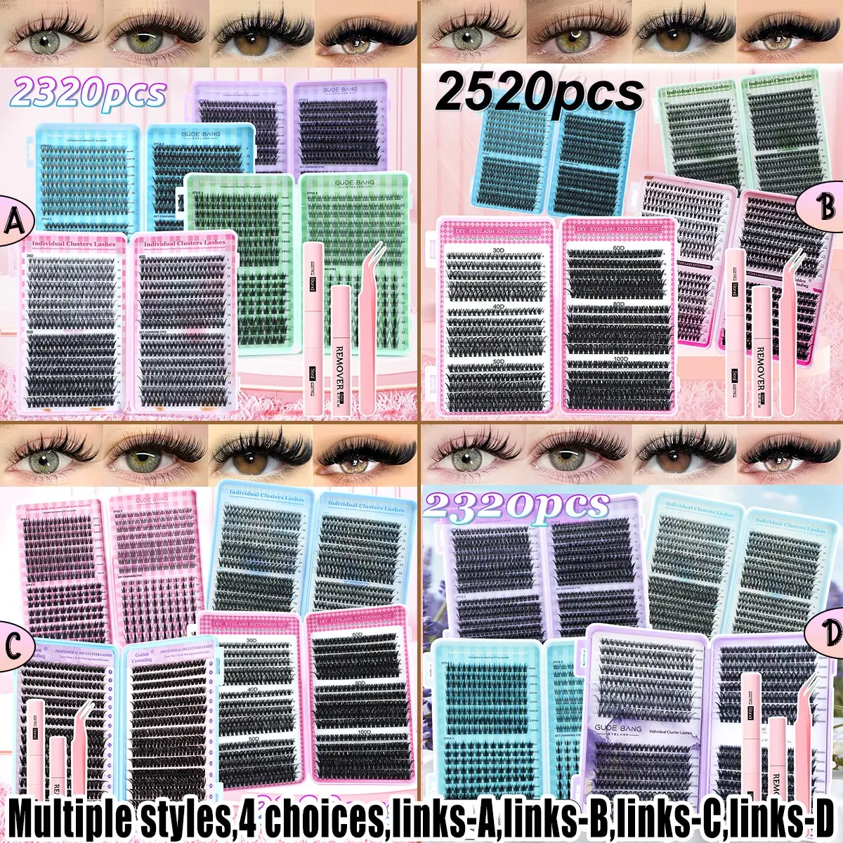 Large-capacity cluster-style false eyelashes available in various styles, easy DIY false eyelashes, DIY false eyelash extension kits, Eyelash clusters kit, includes dual-head adhesive, tweezers, removal solution, suitable for beginners and professionals