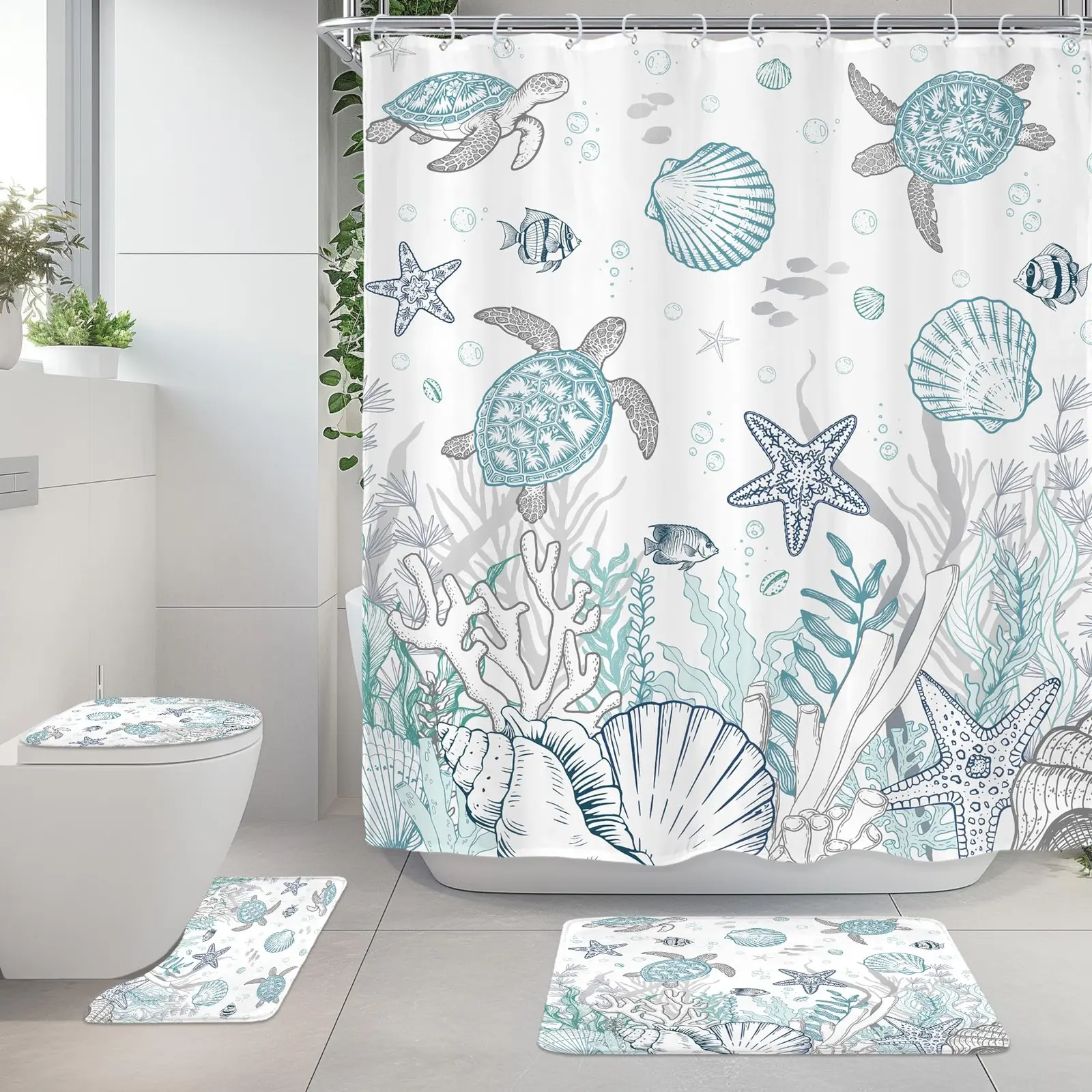 Beach Sea Turtle 4Pcs Bathroom Shower Curtain Sets Ocean Coral Seashell ,waterproof shower curtain set featuring a shower curtain, toilet seat cover, bath mat, and U-shaped toilet seat cover