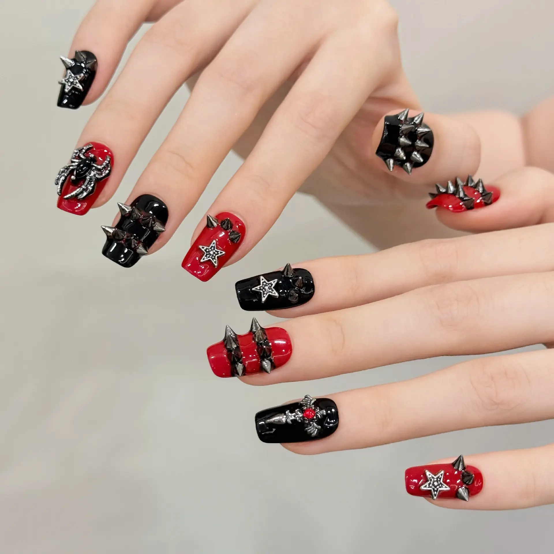 Trending Handmade Press On Nails, Edgy Red Black Gothic Short Square Fake Nails, Reusable Acrylic Nails with Spikes, Spider & Star Design for Women Party & Daily Use