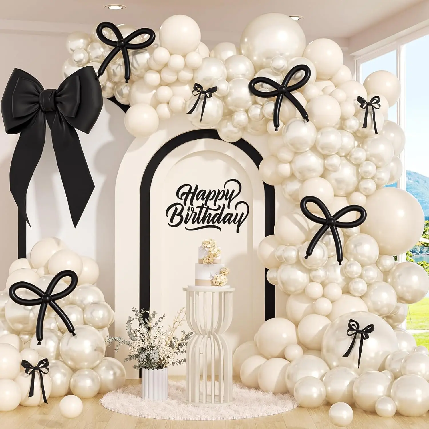 Thick Bow Pearl White Balloon Arch Kit with Pearl Balloons & Pump for Engagement, Wedding Party Decorations