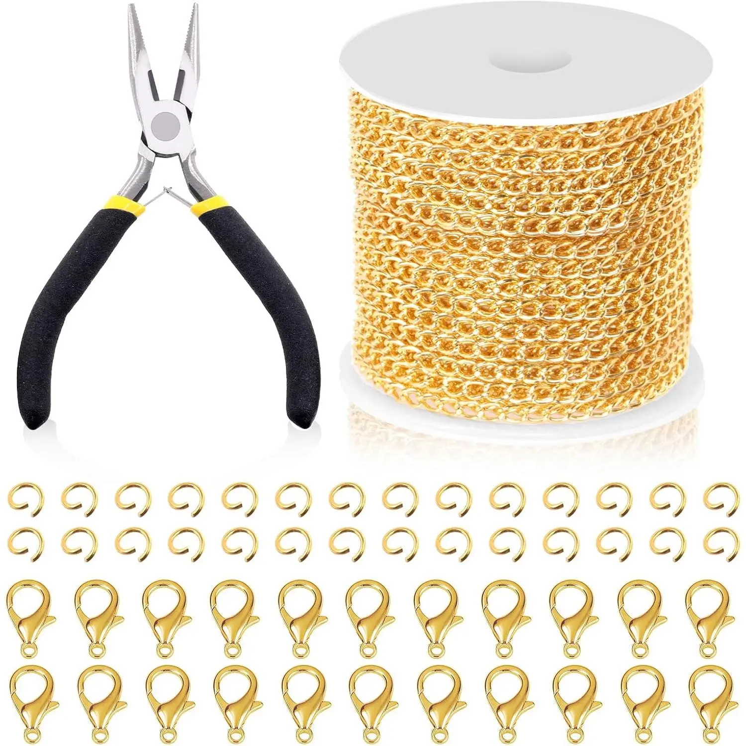 102Pcs Gold 3mm by 10 Yard Length Jewelry Making Chains Kit with Jump Rings, Lobster Clasps and Jewelry Plier, Necklace Chains Flat Cable Link Chain Bulk Ideal for DIY Craft Jewel Making