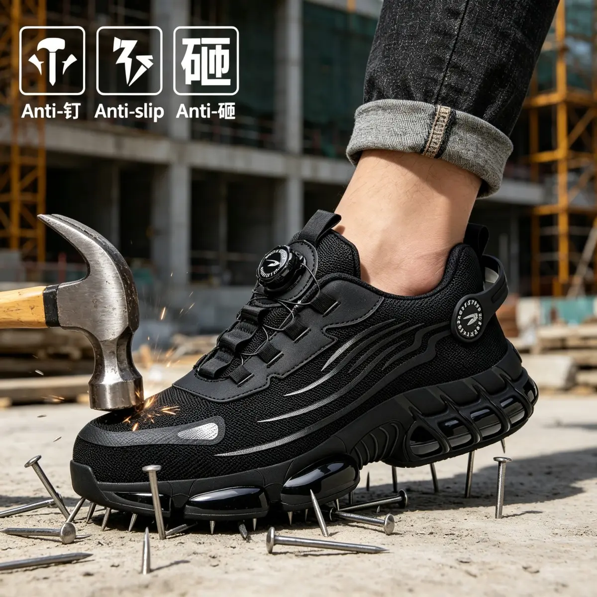 Men's & Women's Steel Toe Safety Shoes - Fashion Braided Polyester Casual Work Trainers, Lightweight Non-Slip Cloth Mesh Footwear with Elastane, Foldable Striped Geometric Design, Flexible Antimicrobial Breathable Heavy-Duty Shoes for Construction