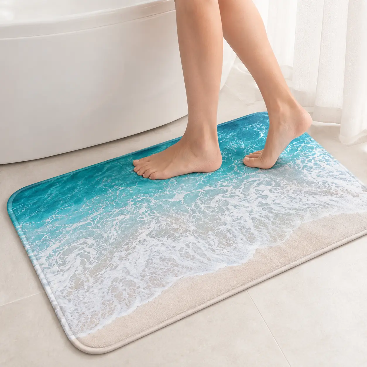 Bath Mat, Bathroom Rug, 16x24 Inch, Beach Waves | Ocean Sand Blue Washable Cover Floor Rug Carpets Floor Mat Bathroom Decorations for Kitchen Indoor