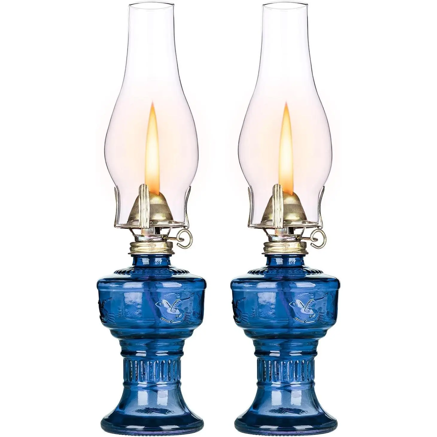 2 Pcs Vintage Rustic Hurricane Kerosene Oil Lamps with Adjustable Wick, Blue Indoor Chamber Lanterns for Tabletop Decor & Emergency Lighting