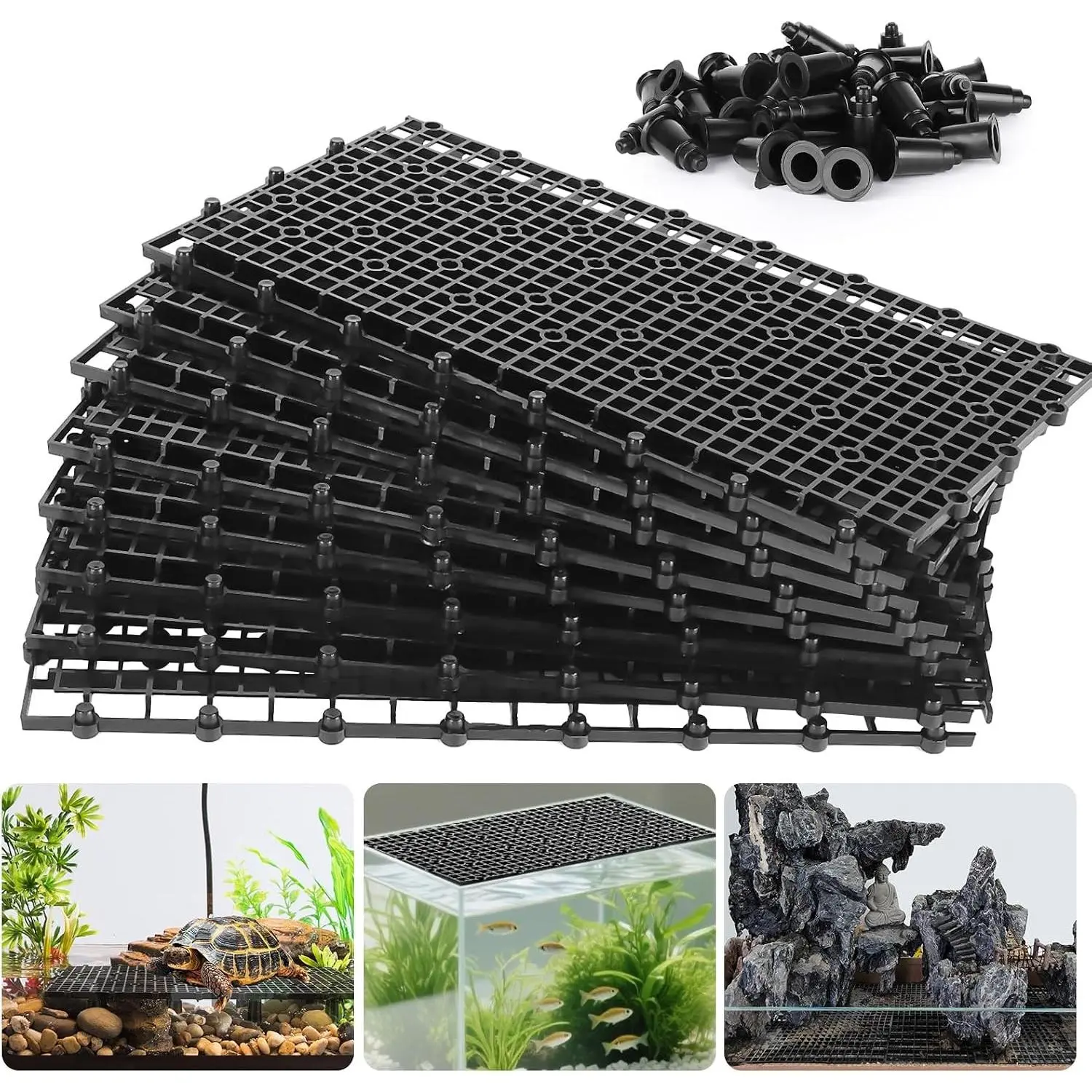 Black Plastic Aquarium Part Grid (12pcs, 11.6x5.7in) with 72 Brackets, Fish Tank Divider That Separates Fish, Bottom Filtration, DIY Aquascape
