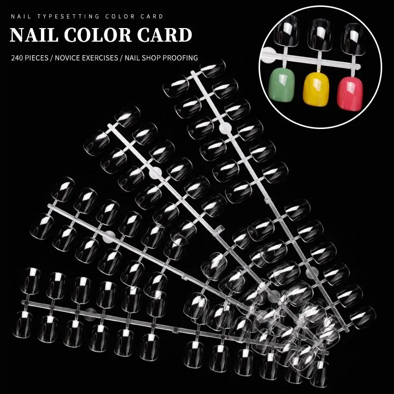 240-Piece Transparent Nail Color Display Tips Board, Short Square & Round Toe Nail Swatch Display Chart, Nail Sample Practice Tips, Color Display Template for Nail Art, Professional Nail Art Tool