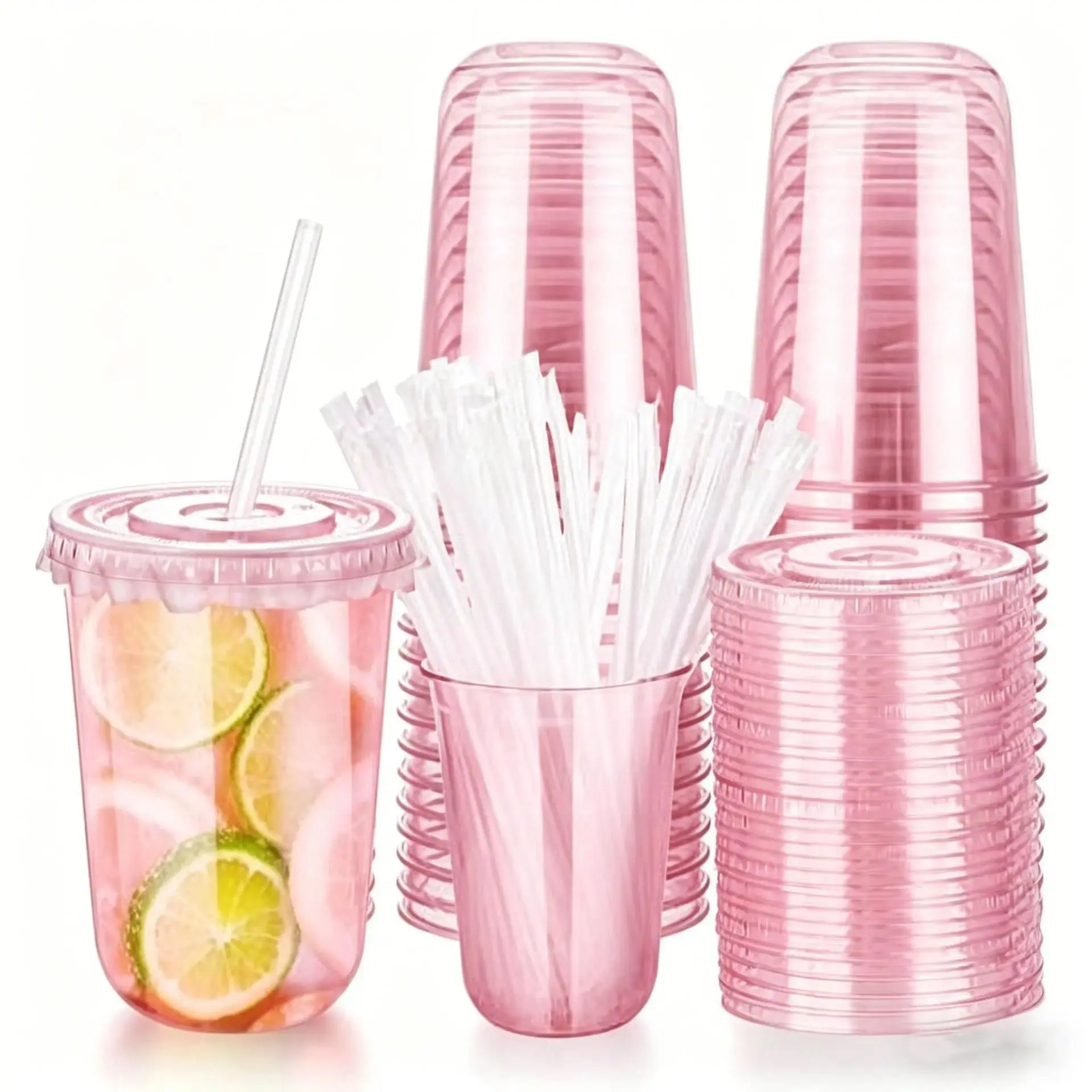 Cute Pink Heart Straw Cups, Straws Disposable Cups, Party Supplies, 100 Sets Party Essential, Leakproof & Spill-Resistant Design for iced coffee protein shake cups, 400ml Large Capacity, Exclusive & galentines party, Eco-Friendly & BPA-Free Material