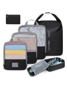 6 Set Packing Cubes for Travel, Compressible Luggage Organizer Bags, Waterproof Polyester, Includes Laundry & Shoe Bag, Ideal for Suitcase Storage