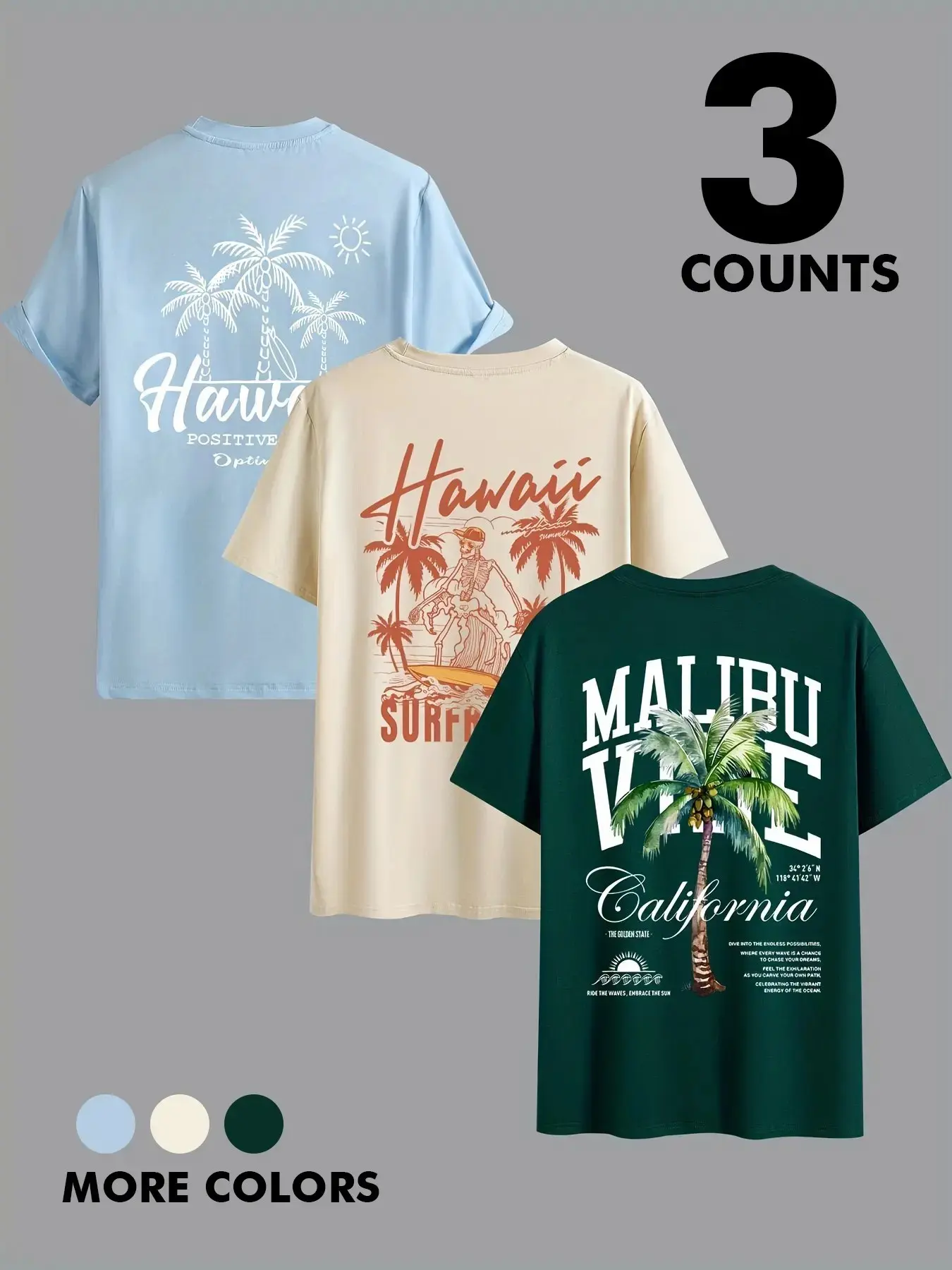 3 Piece Set Vintage Tropical Hawaiian Palm Tree Short Sleeve Unisex Surf Skull Print Loose Fit Round Neck Vacation T-Shirt Set