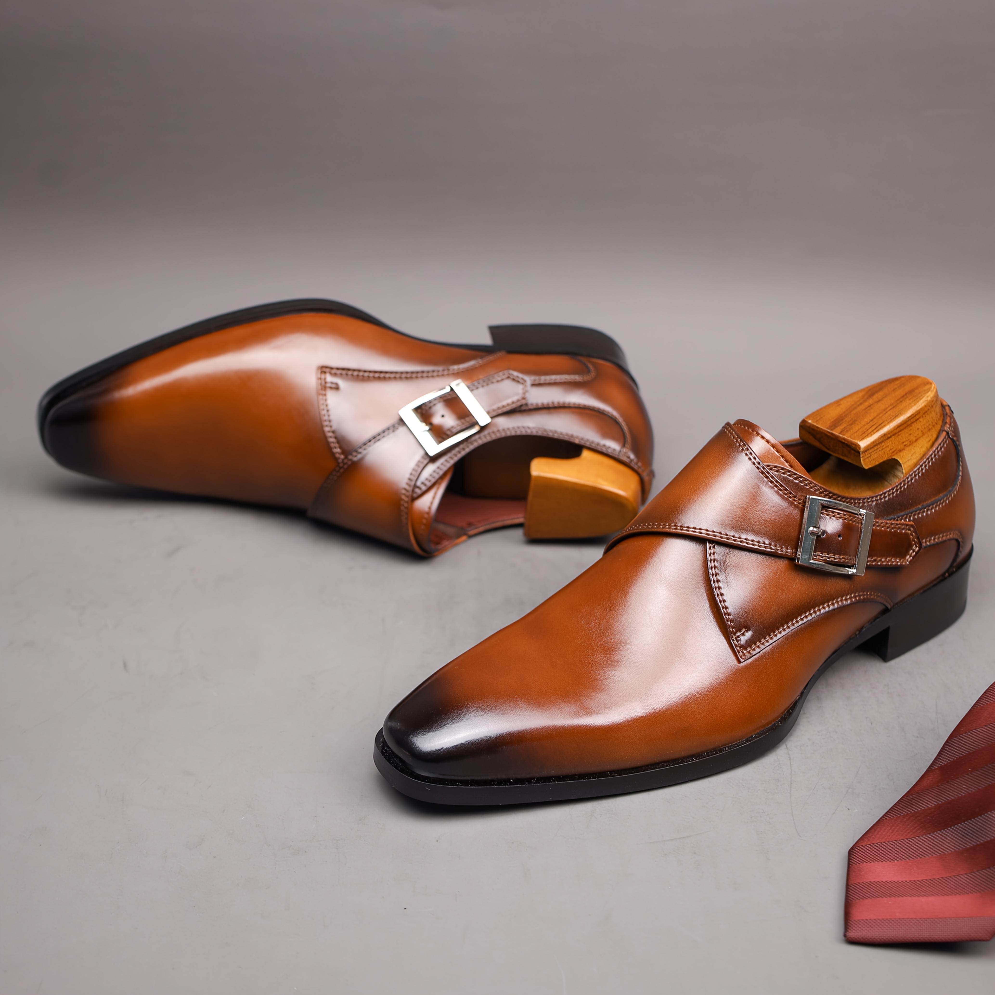 2025 Men's Genuine Leather Buckle Slip-On Formal Shoes - Brown Round Toe Casual Business Wedding Shoes, Suitable for Office and Daily Wear - Four Seasons Comfortable Rubber Sole