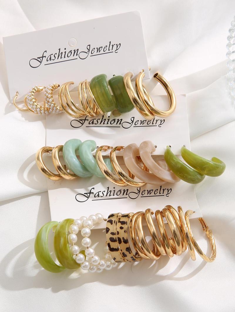 Faux Pearl Decorated Hoop Earrings, 15 Pairs Elegant Colorblock Design Fashionable Hoop Earrings, Fashion Accessories For Women