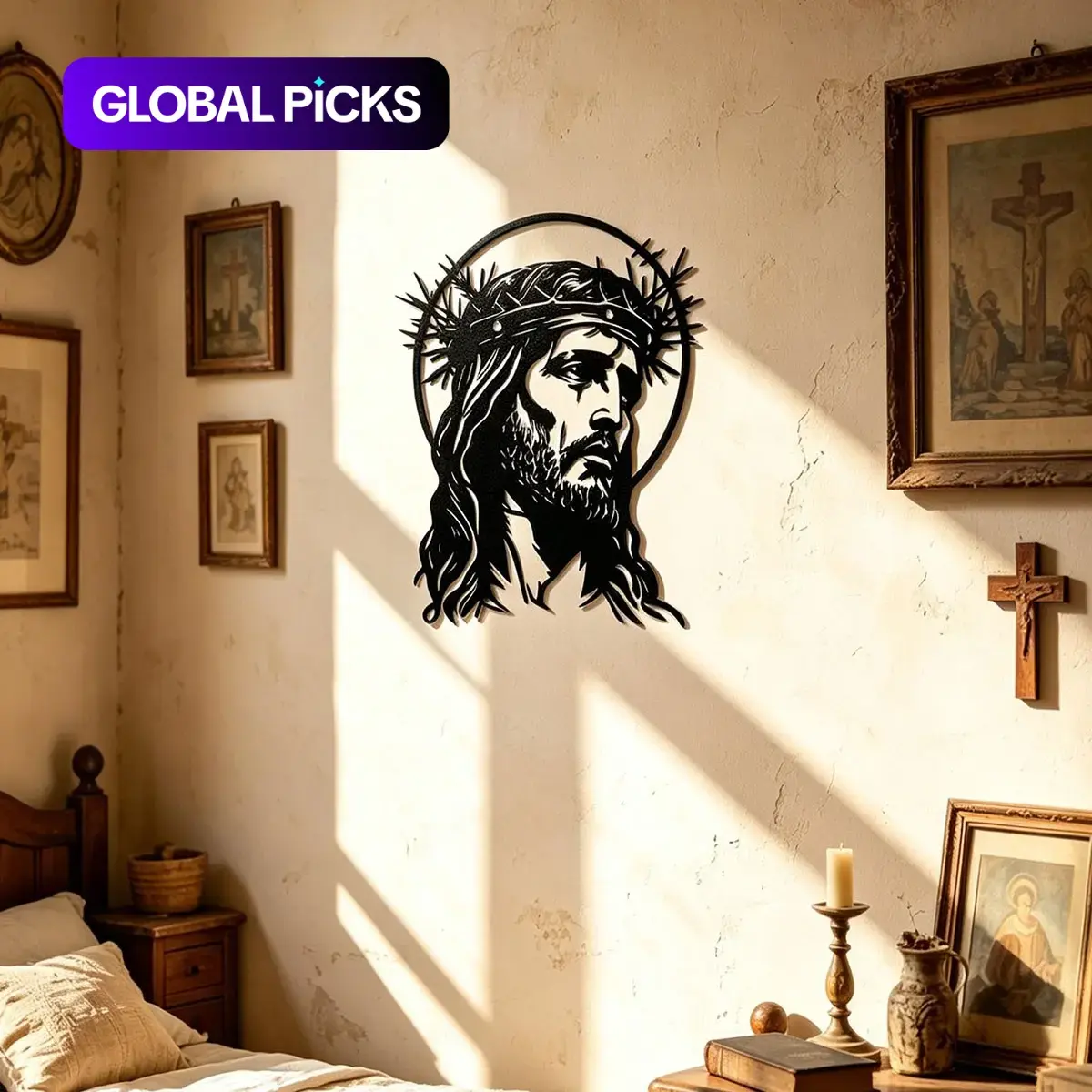 Jesus Halo Metal Wall Art, 11.81-Inch Christian Home Decor Artwork, Modern Minimalist Crown of Thorns Design, Inspirational Iron Sculpture for Living Room & Prayer Rooms, Perfect Housewarming Gift #GLOBAL PICKS
