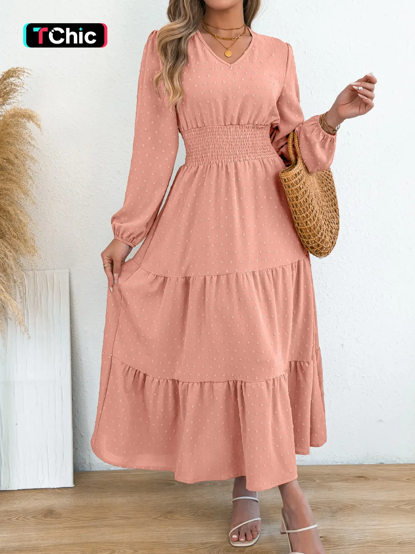 Spring & Fall Casual Boho Bohemian Vacation V-Neck Long Sleeve Ruffled Hem Ball Fringe Solid Color Waist Cinching Dress for Women Lady Womenswear
