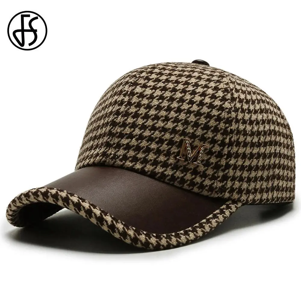FS Luxury Brand Embroidered Letter Western Plaid Houndstooth Trucker Hat - Unisex Cotton Natural Fiber Casual Baseball Cap, 55cm-60cm Adjustable, Lightweight All-Season Vintage British Style Clothes Accessory