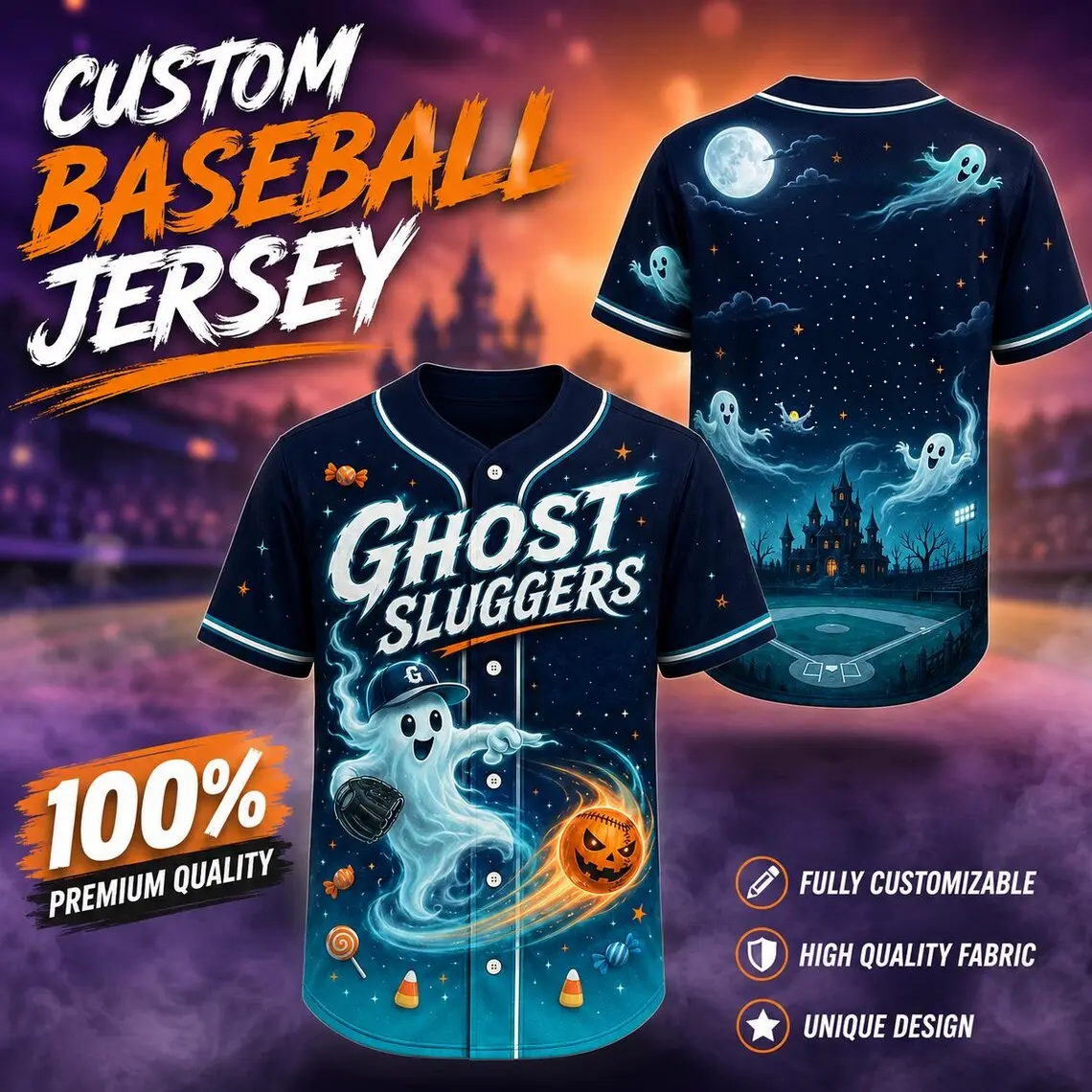 Halloween baseball jersey, ghost jersey, horror-themed baseball shirt, Halloween team clothing, baseball sport outfit