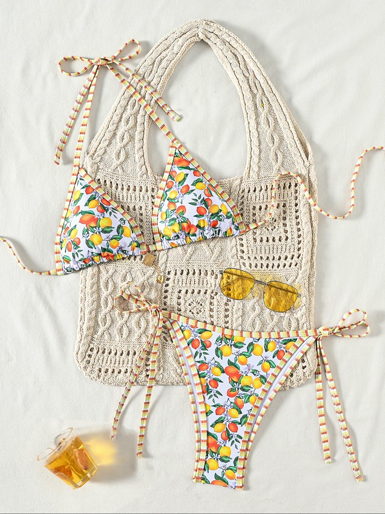 Two-Piece Set Women's All Over Floral Print Bikini Set, Casual Fashion Chic Swimsuit Set, Ladies Swimwear for Beach Holiday Vacation