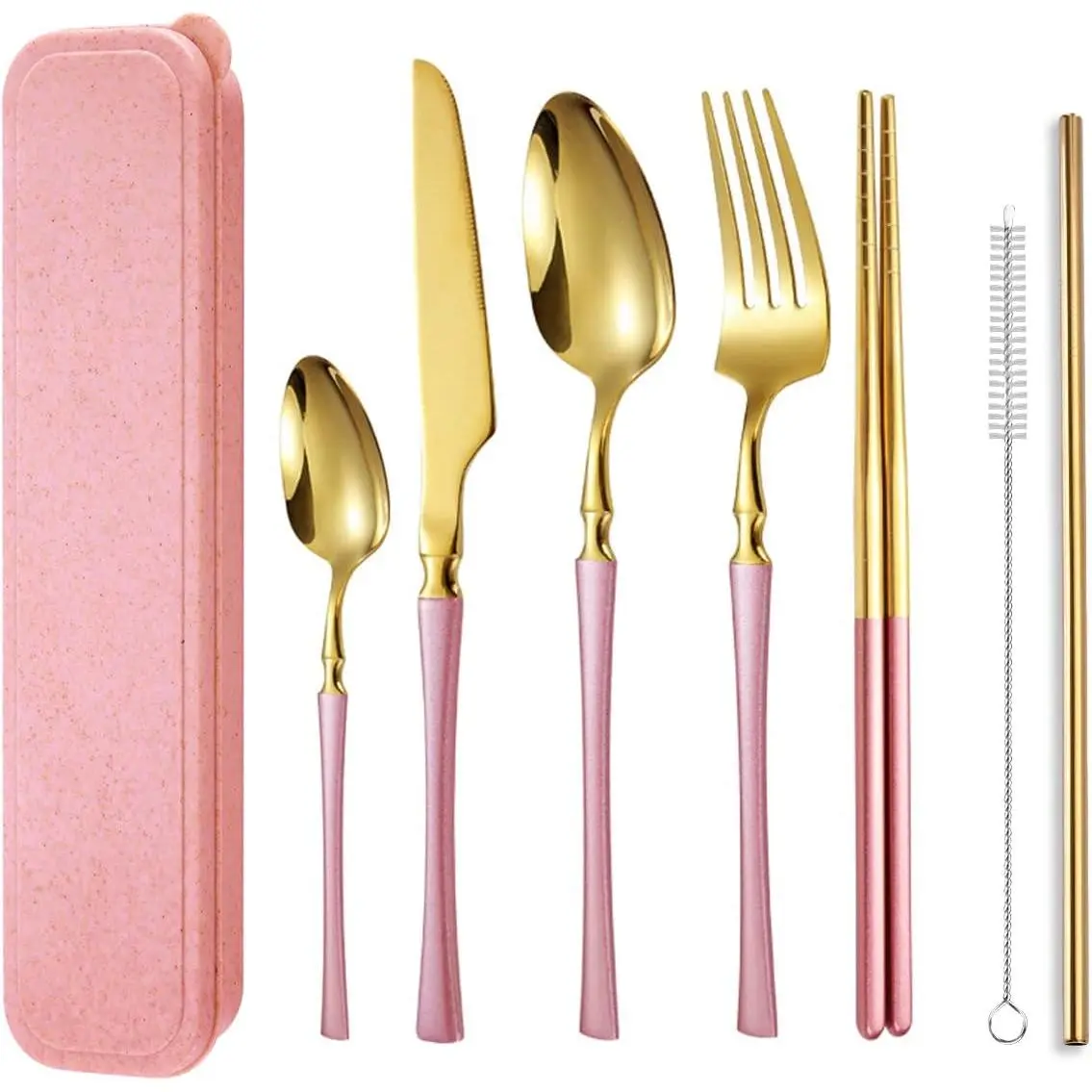 7 count Stainless Steel Flatware Set Portable  Cutlery Set Travel Utensils Set Including Chopsticks  Fork Spoon Straws Cleaning Brush Dishwasher Safe (B- Golden)