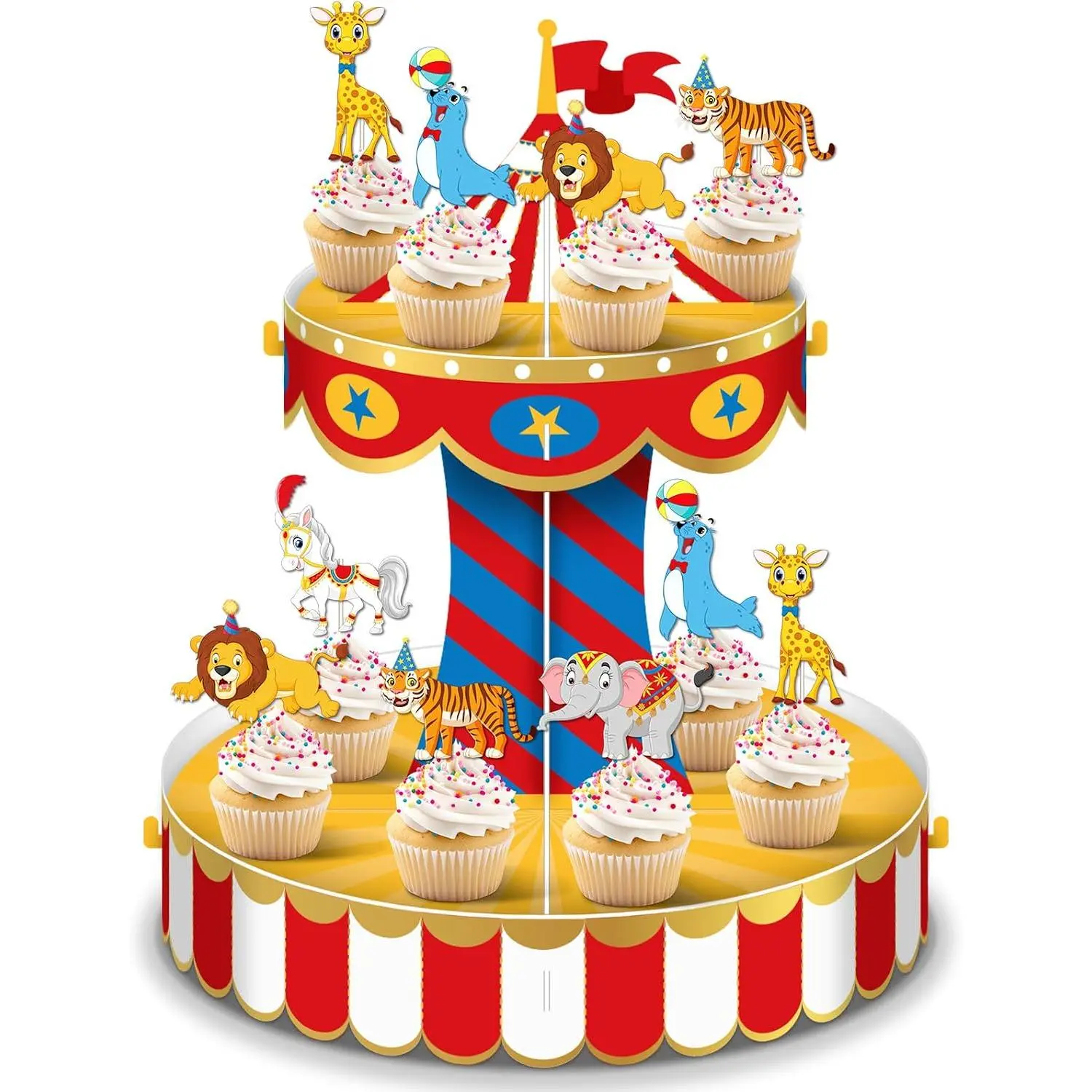 Carnival Circus Cupcake Stand Party Decorations with 24 Cupcake Toppers Circus Theme Cake Holder Tent Cake Stand Dessert Tower for Carnival Birthday Party Supplies