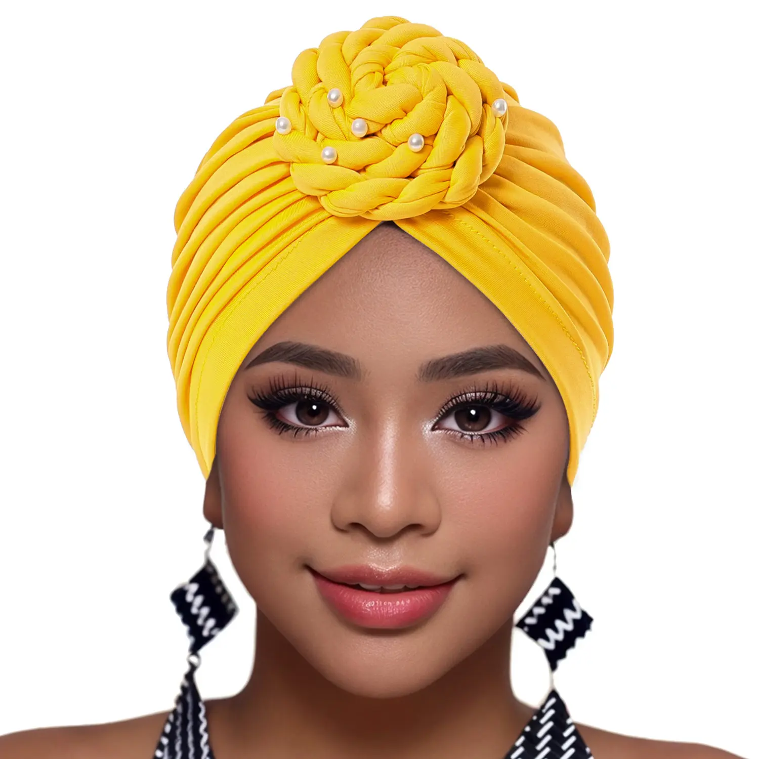 Women's Wrinkle-Resistant Full Coverage Pearl Braided Top Knot Turban, Stretch Solid Casual Hair Wrap, Everyday Chemo Hair Cover for Party Wedding, Daily, Elegant, Hair Loss & Chemo Use