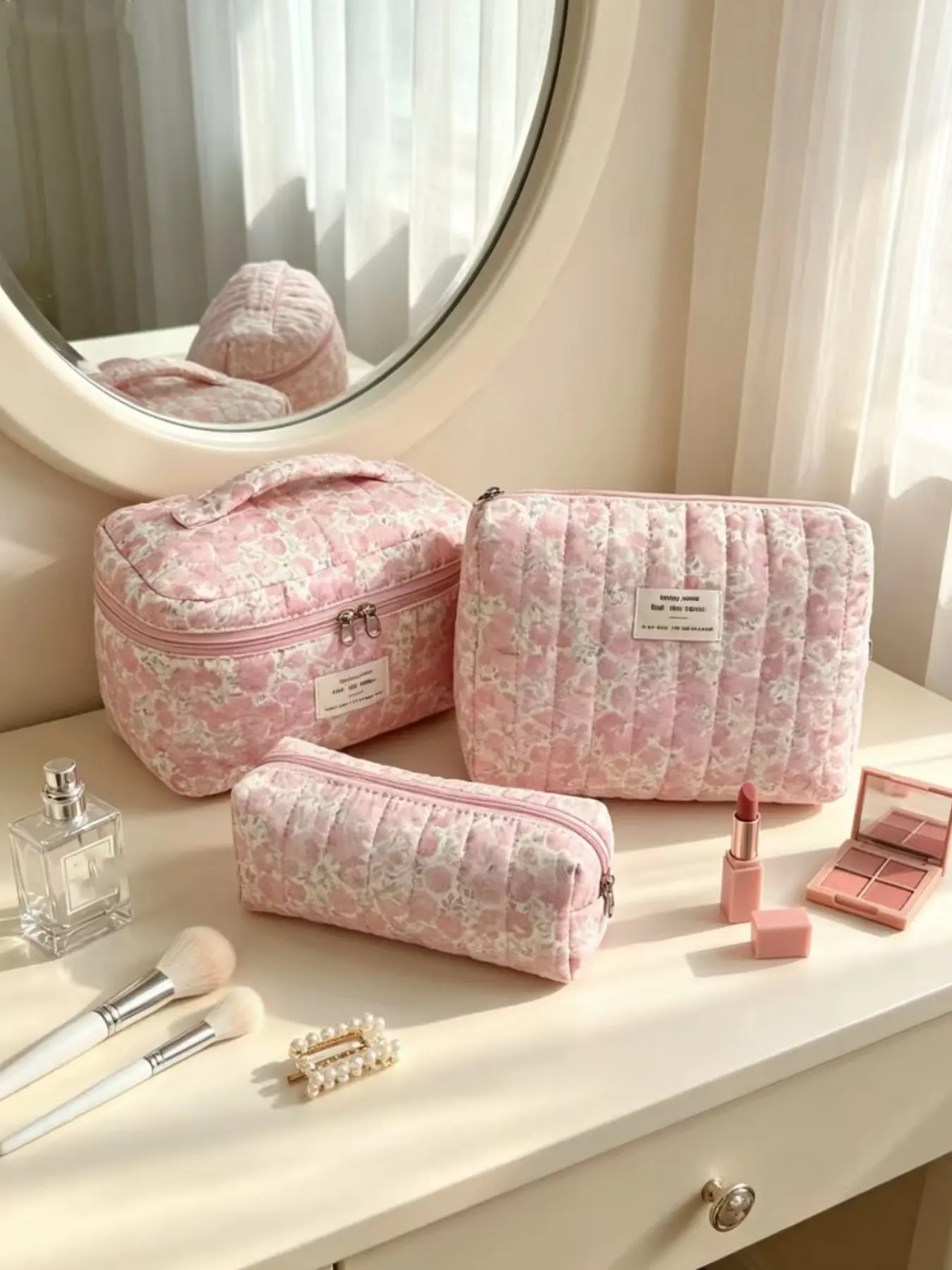 3 Sizes Floral Quilted Cosmetic Bag Set, Portable Handheld Travel Organizer, Skin Care & Brush Storage, All Seasons Use