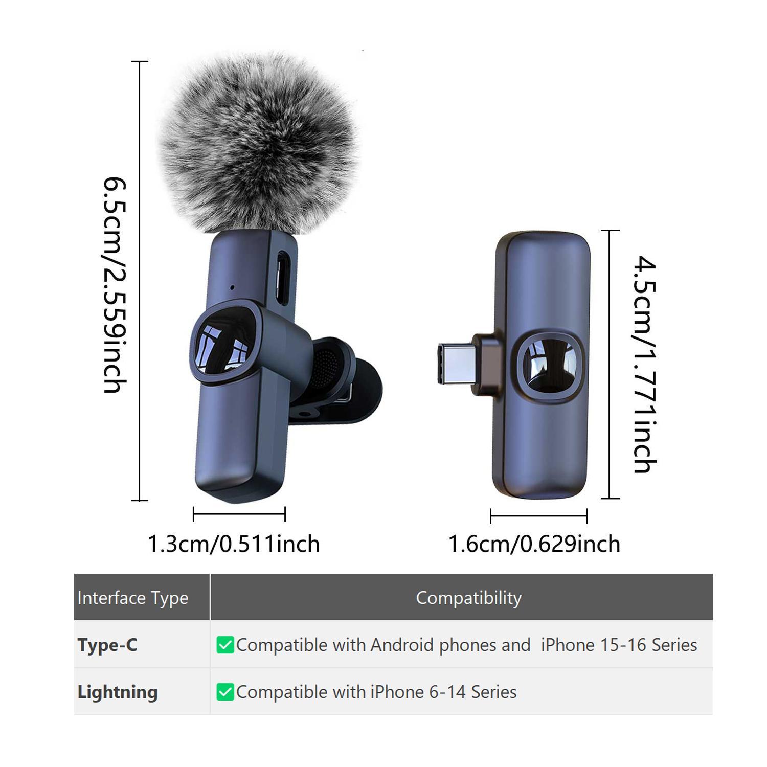 Wireless Lavalier Microphone, Rechargeable Lapel Mic, Professional Wireless Microphones for iPhone/Type-C Phones, Omnidirectional Condenser Recording Microphone for Video Recording, Clip on Mic, Cordless Omnidirectional Mic