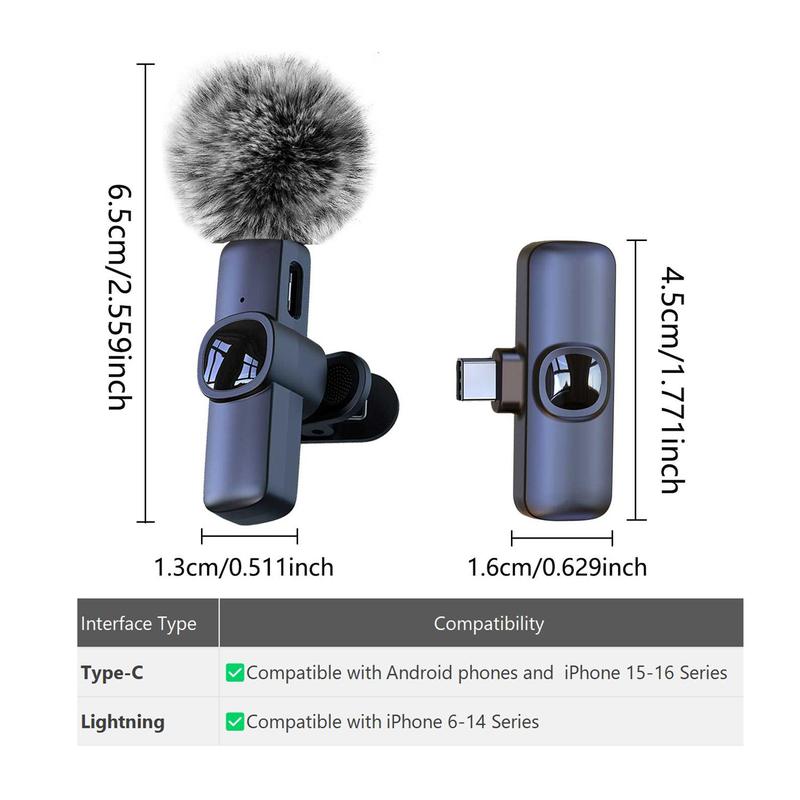 Wireless Lavalier Microphone, Rechargeable Lapel Mic, Professional Wireless Microphones for iPhone/Type-C Phones, Omnidirectional Condenser Recording Microphone for Video Recording, Clip on Mic, Cordless Omnidirectional Mic